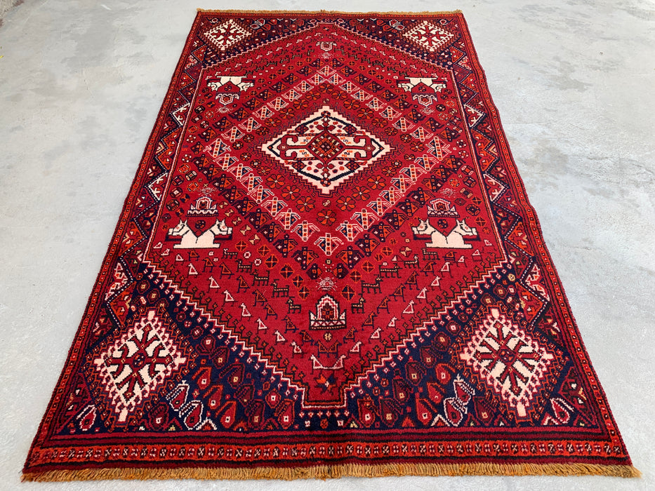 7'2" x 4'4" Hand-Knotted Persian Wool Rug – Red, Navy & Ivory Tribal Geometric Design – KBHM-786