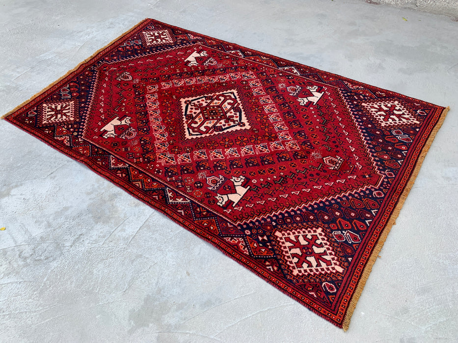 7'2" x 4'4" Hand-Knotted Persian Wool Rug – Red, Navy & Ivory Tribal Geometric Design – KBHM-786
