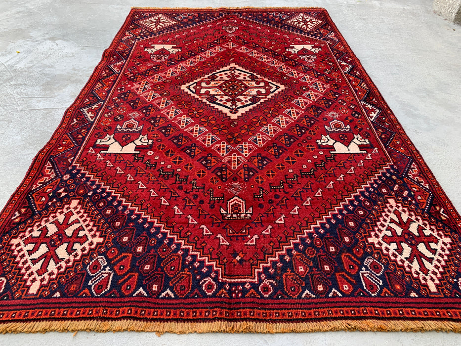7'2" x 4'4" Hand-Knotted Persian Wool Rug – Red, Navy & Ivory Tribal Geometric Design – KBHM-786