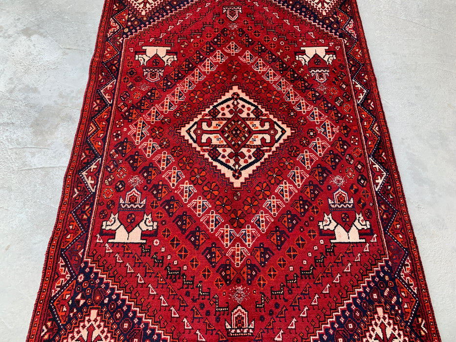 7'2" x 4'4" Hand-Knotted Persian Wool Rug – Red, Navy & Ivory Tribal Geometric Design – KBHM-786