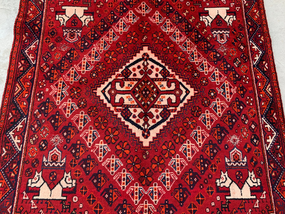 7'2" x 4'4" Hand-Knotted Persian Wool Rug – Red, Navy & Ivory Tribal Geometric Design – KBHM-786