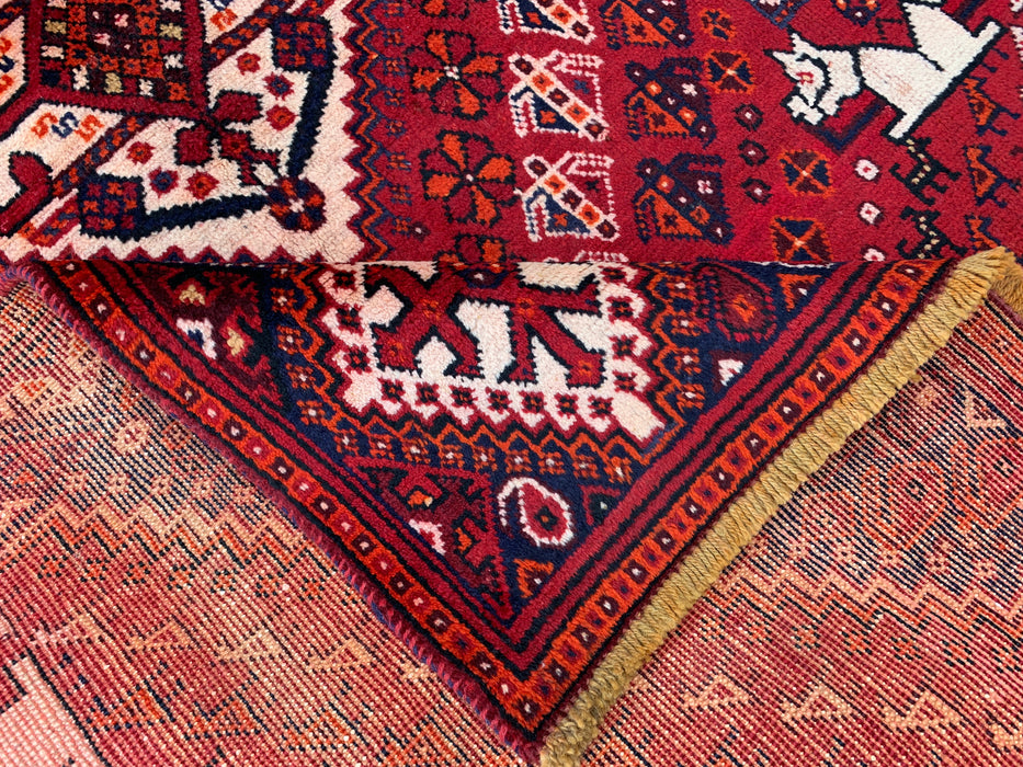 7'2" x 4'4" Hand-Knotted Persian Wool Rug – Red, Navy & Ivory Tribal Geometric Design – KBHM-786