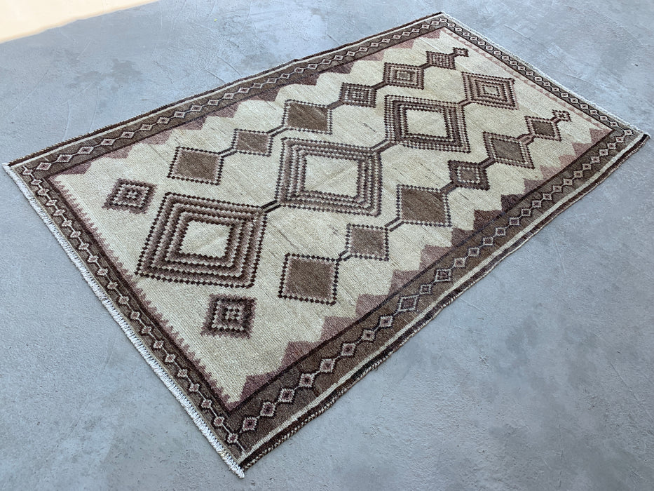 7'3" x 4'1" Hand-Knotted Persian Wool Rug – Ivory, Taupe & Brown Tribal Geometric Design – KBHM-789