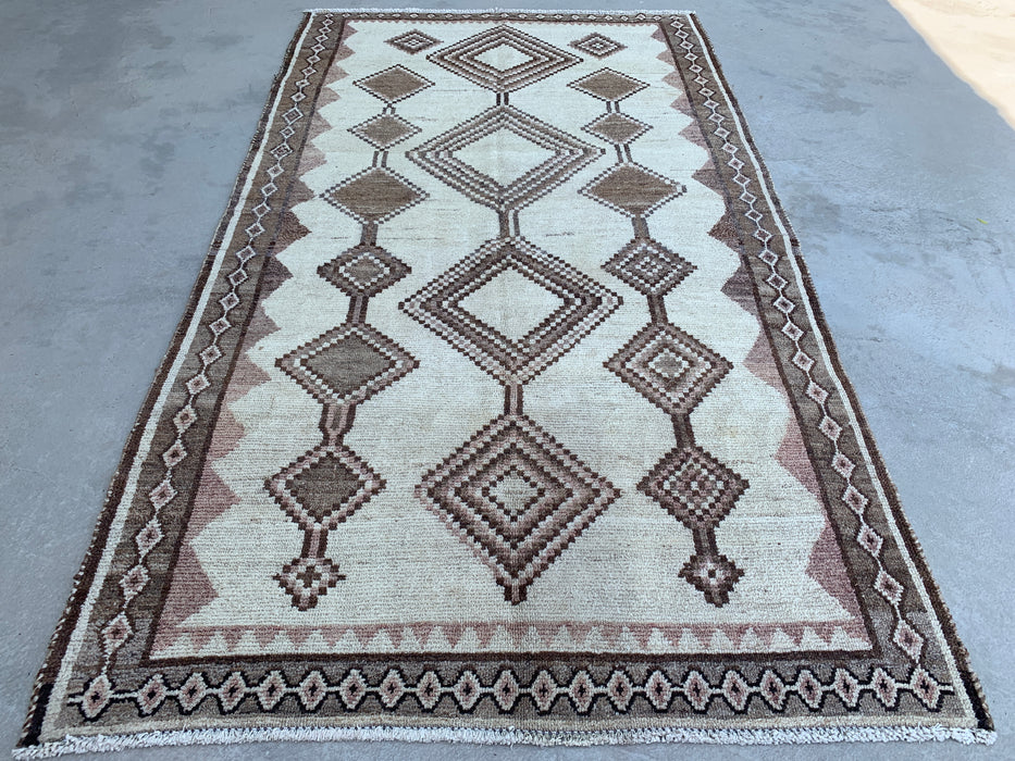 7'3" x 4'1" Hand-Knotted Persian Wool Rug – Ivory, Taupe & Brown Tribal Geometric Design – KBHM-789