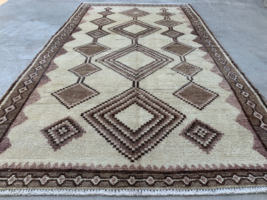 7'3" x 4'1" Hand-Knotted Persian Wool Rug – Ivory, Taupe & Brown Tribal Geometric Design – KBHM-789