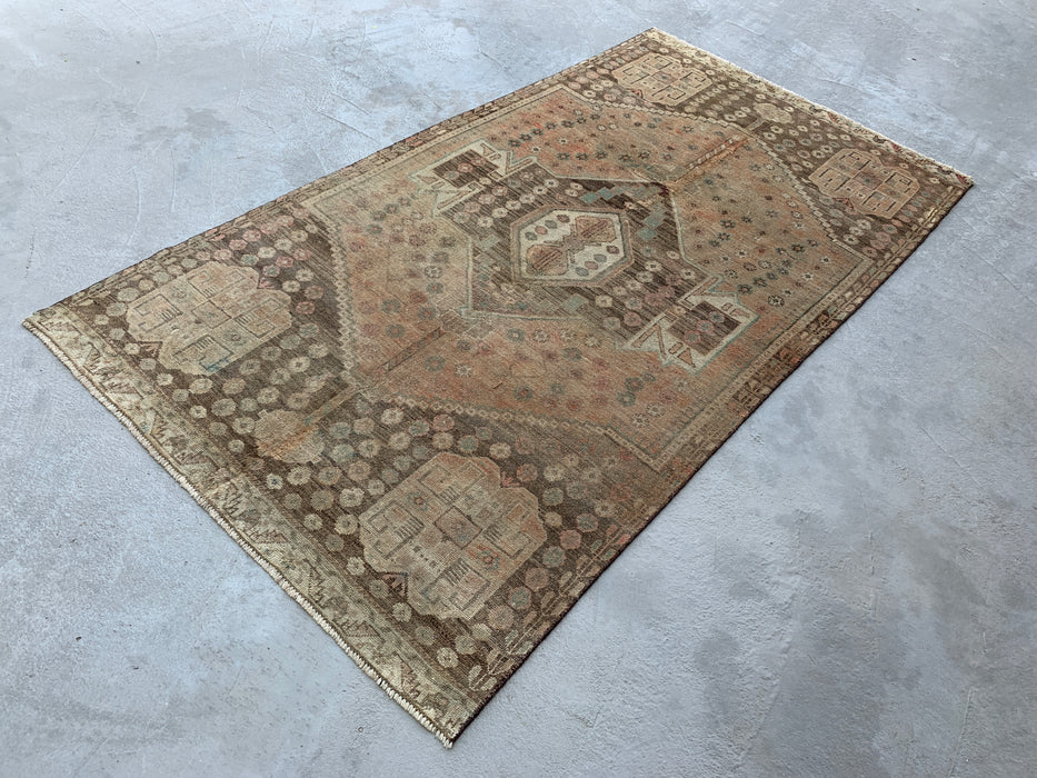 7'7" x 4'1" Hand-Knotted Persian Wool Rug – Beige, Taupe & Soft Blue Vintage Tribal Medallion Design – KBHM-790