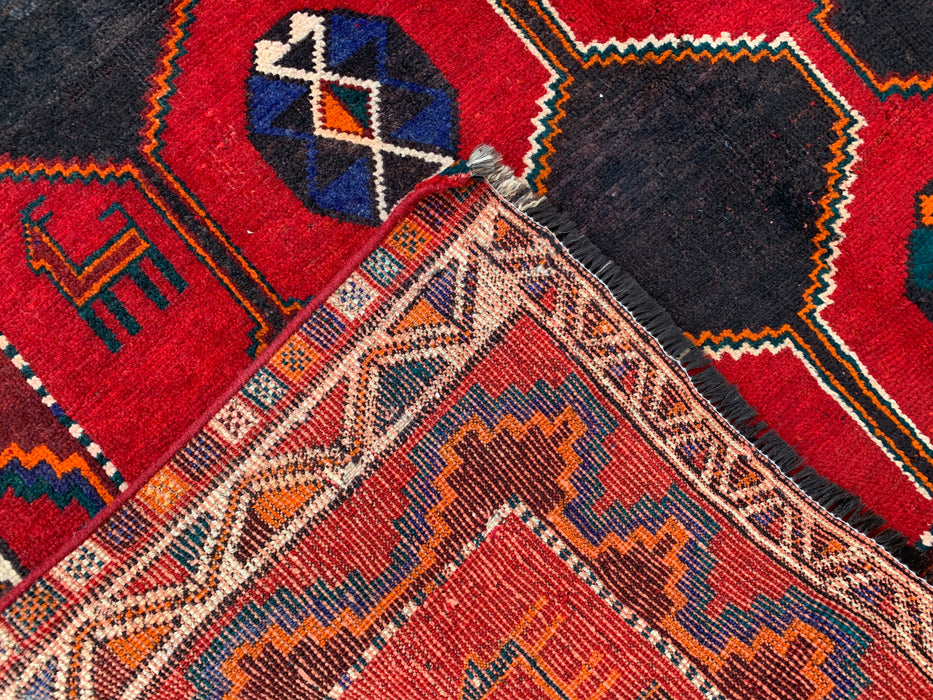 6'10" x 5'2" Hand-Knotted Persian Wool Rug – Red, Navy & Multicolor Tribal Geometric Design – KBHM-791