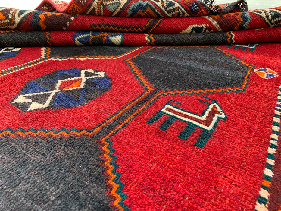 6'10" x 5'2" Hand-Knotted Persian Wool Rug – Red, Navy & Multicolor Tribal Geometric Design – KBHM-791