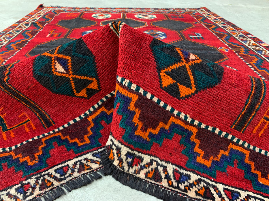 6'10" x 5'2" Hand-Knotted Persian Wool Rug – Red, Navy & Multicolor Tribal Geometric Design – KBHM-791