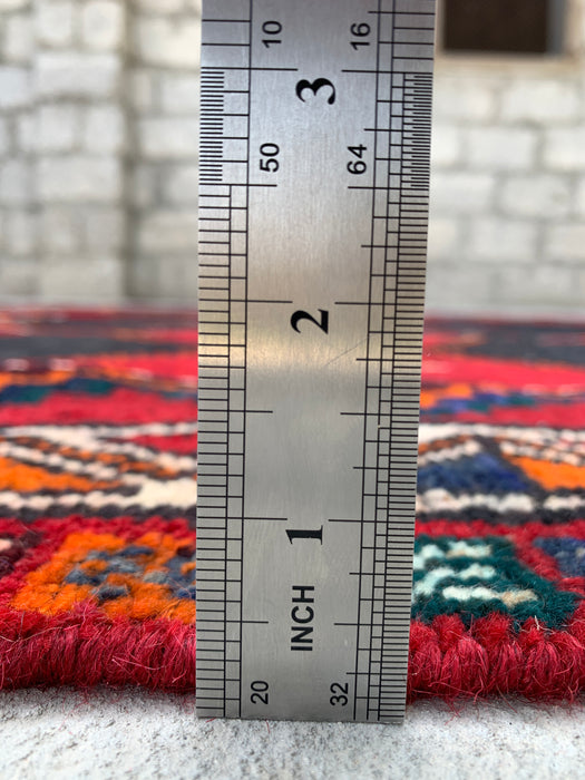 6'10" x 5'2" Hand-Knotted Persian Wool Rug – Red, Navy & Multicolor Tribal Geometric Design – KBHM-791