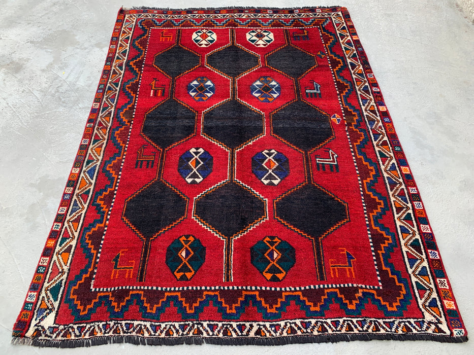 6'10" x 5'2" Hand-Knotted Persian Wool Rug – Red, Navy & Multicolor Tribal Geometric Design – KBHM-791