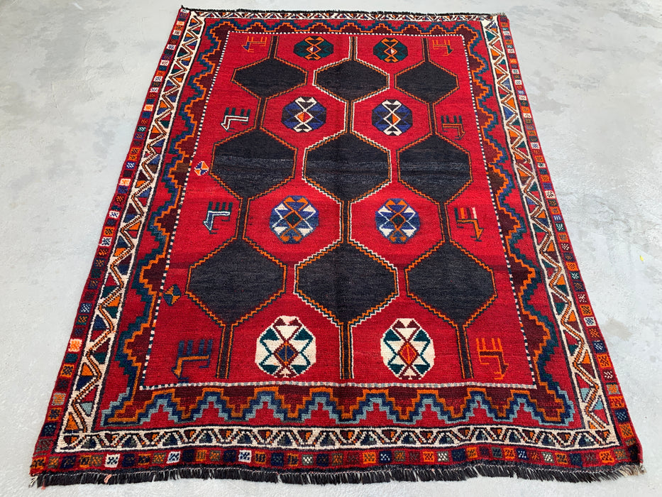 6'10" x 5'2" Hand-Knotted Persian Wool Rug – Red, Navy & Multicolor Tribal Geometric Design – KBHM-791