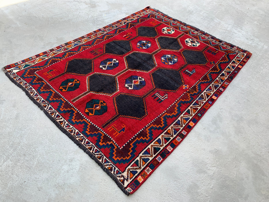 6'10" x 5'2" Hand-Knotted Persian Wool Rug – Red, Navy & Multicolor Tribal Geometric Design – KBHM-791