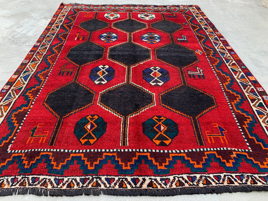 6'10" x 5'2" Hand-Knotted Persian Wool Rug – Red, Navy & Multicolor Tribal Geometric Design – KBHM-791