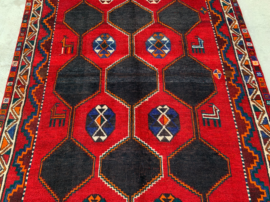 6'10" x 5'2" Hand-Knotted Persian Wool Rug – Red, Navy & Multicolor Tribal Geometric Design – KBHM-791