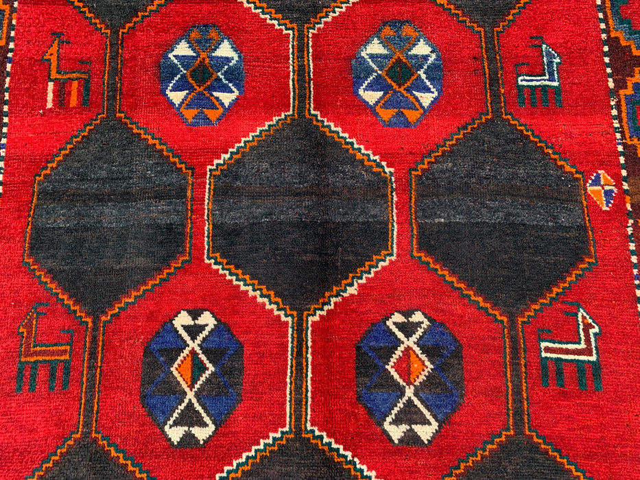 6'10" x 5'2" Hand-Knotted Persian Wool Rug – Red, Navy & Multicolor Tribal Geometric Design – KBHM-791