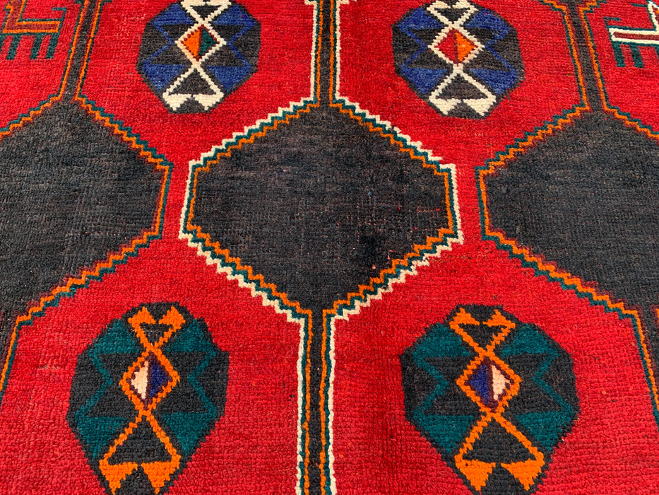 6'10" x 5'2" Hand-Knotted Persian Wool Rug – Red, Navy & Multicolor Tribal Geometric Design – KBHM-791