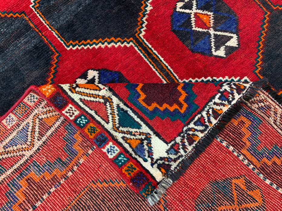 6'10" x 5'2" Hand-Knotted Persian Wool Rug – Red, Navy & Multicolor Tribal Geometric Design – KBHM-791