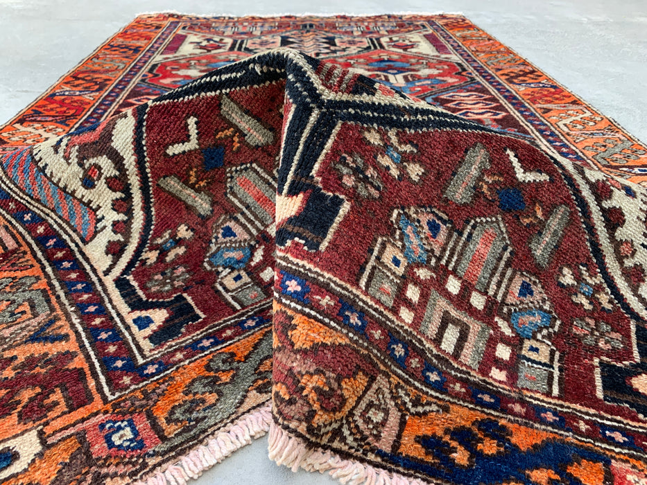 6'3" x 3'9" Hand-Knotted Persian Wool Rug – Ivory, Red & Blue Tribal Geometric Panel Design – KBHM-792