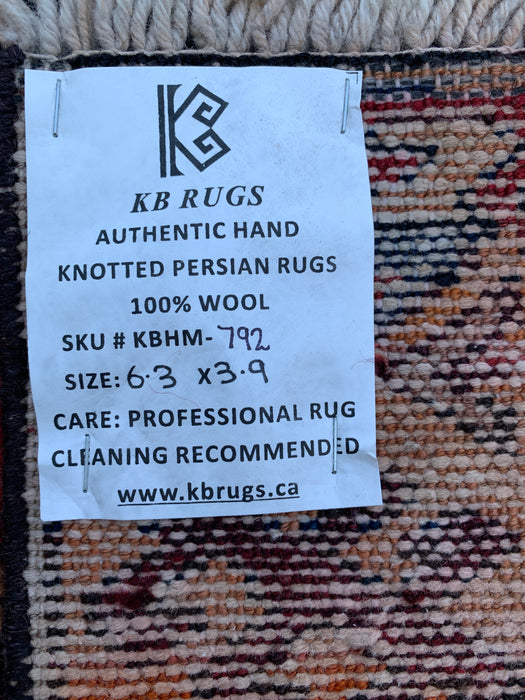 6'3" x 3'9" Hand-Knotted Persian Wool Rug – Ivory, Red & Blue Tribal Geometric Panel Design – KBHM-792