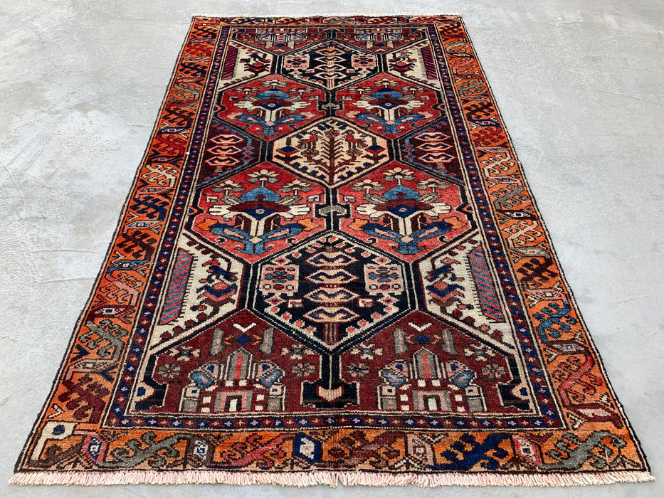6'3" x 3'9" Hand-Knotted Persian Wool Rug – Ivory, Red & Blue Tribal Geometric Panel Design – KBHM-792