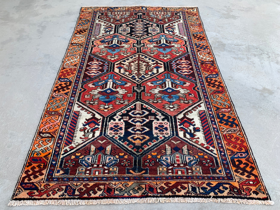 6'3" x 3'9" Hand-Knotted Persian Wool Rug – Ivory, Red & Blue Tribal Geometric Panel Design – KBHM-792