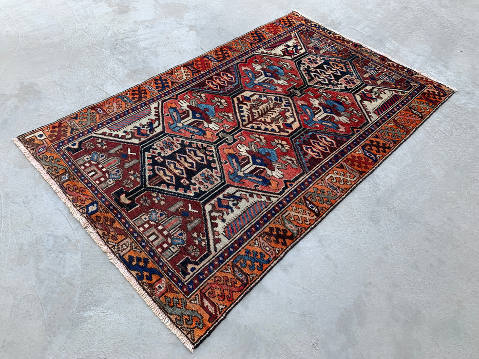 6'3" x 3'9" Hand-Knotted Persian Wool Rug – Ivory, Red & Blue Tribal Geometric Panel Design – KBHM-792