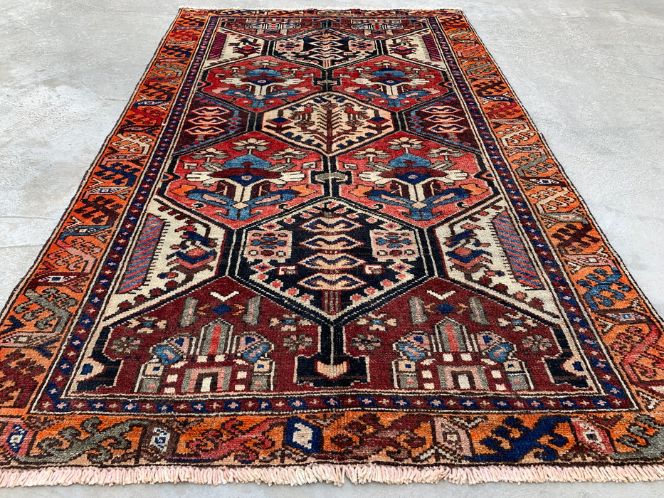 6'3" x 3'9" Hand-Knotted Persian Wool Rug – Ivory, Red & Blue Tribal Geometric Panel Design – KBHM-792