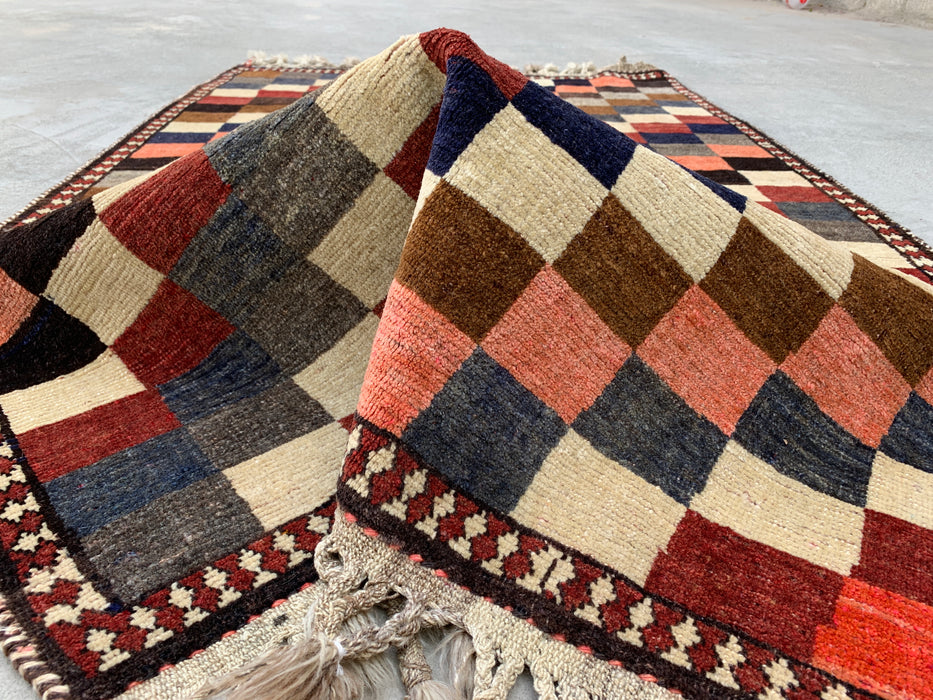 5'11" x 3'9" Hand-Knotted Persian Wool Rug – Multicolor Geometric Checkerboard Design – KBHM-795