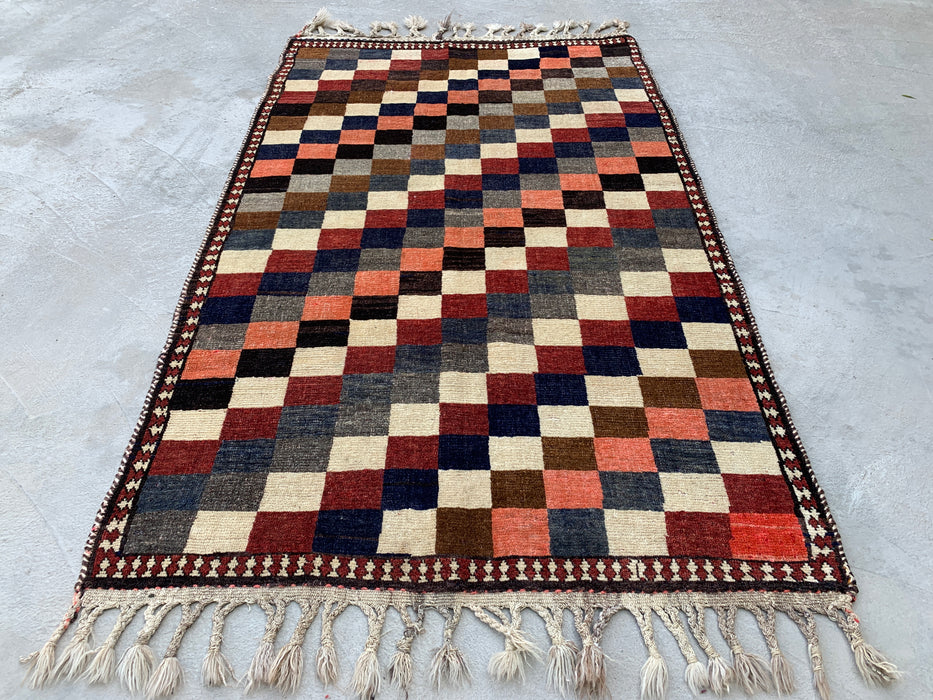 5'11" x 3'9" Hand-Knotted Persian Wool Rug – Multicolor Geometric Checkerboard Design – KBHM-795