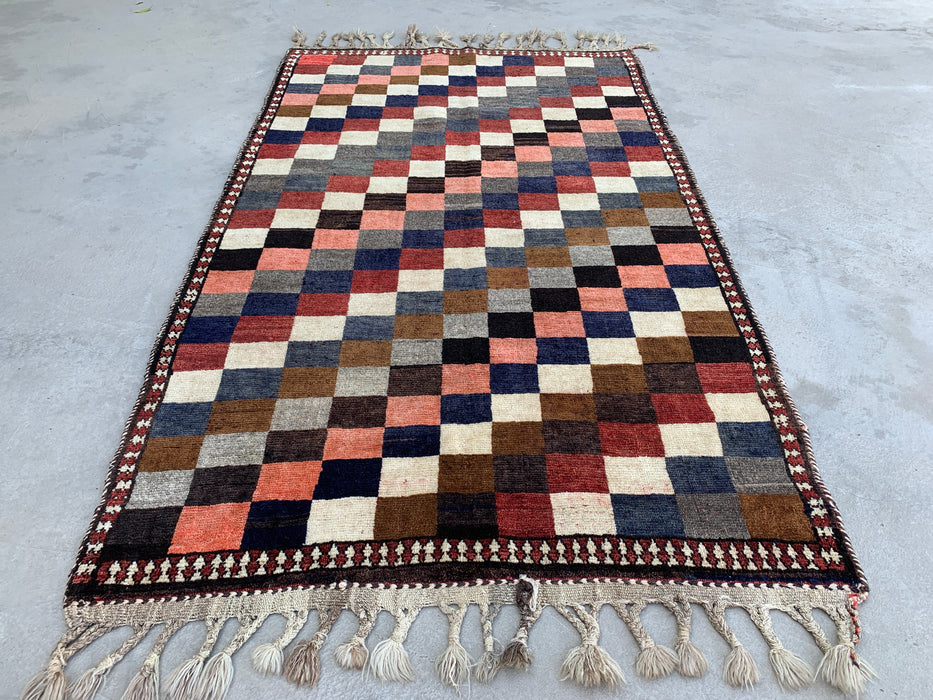 5'11" x 3'9" Hand-Knotted Persian Wool Rug – Multicolor Geometric Checkerboard Design – KBHM-795