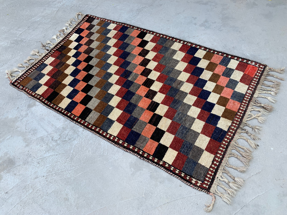 5'11" x 3'9" Hand-Knotted Persian Wool Rug – Multicolor Geometric Checkerboard Design – KBHM-795