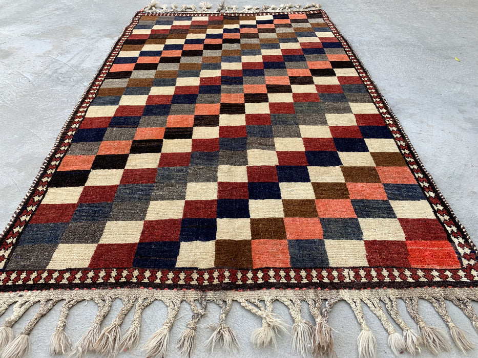5'11" x 3'9" Hand-Knotted Persian Wool Rug – Multicolor Geometric Checkerboard Design – KBHM-795