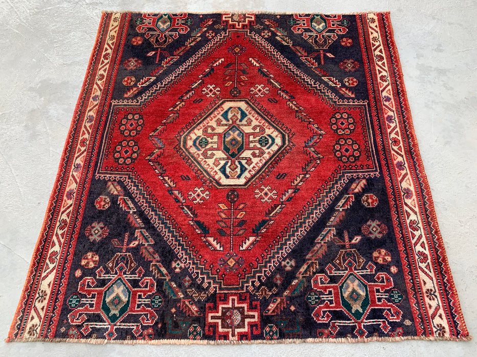 4'2" x 4'0" Hand-Knotted Persian Wool Rug – Navy & Ivory Tribal Geometric Medallion Design – KBHM-796