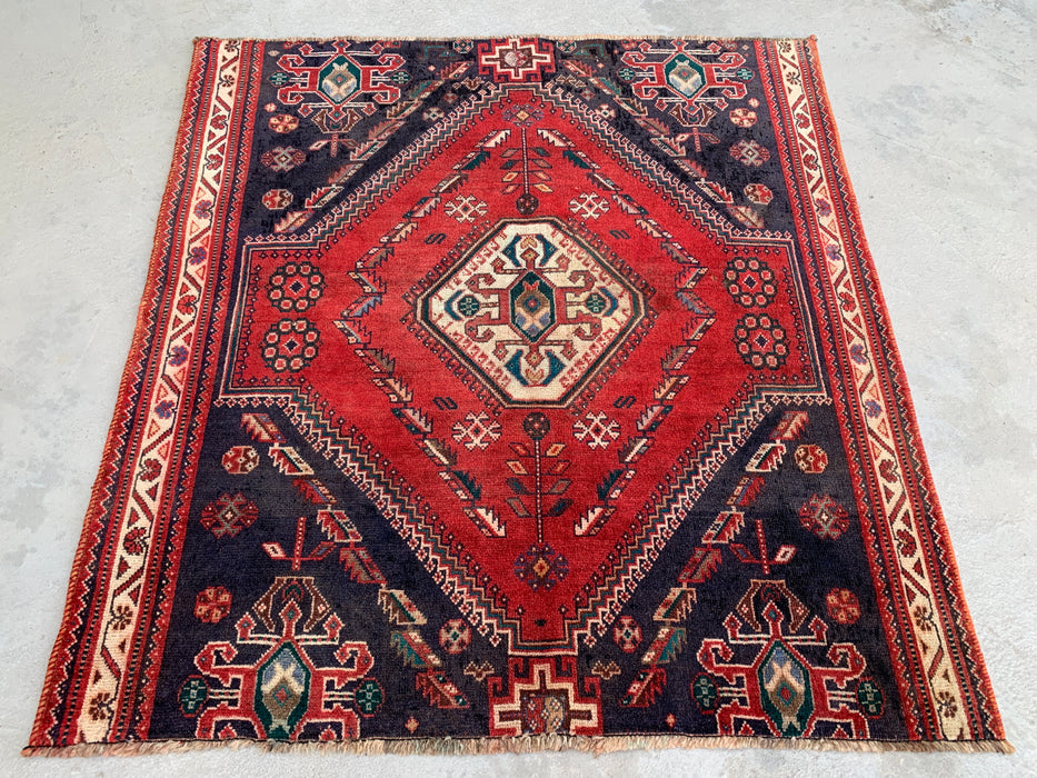 4'2" x 4'0" Hand-Knotted Persian Wool Rug – Navy & Ivory Tribal Geometric Medallion Design – KBHM-796