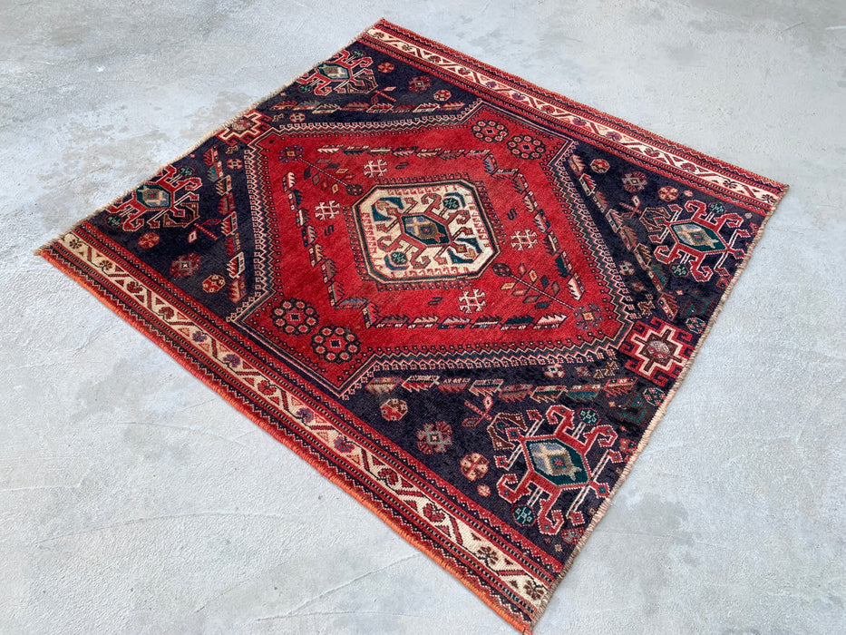4'2" x 4'0" Hand-Knotted Persian Wool Rug – Navy & Ivory Tribal Geometric Medallion Design – KBHM-796