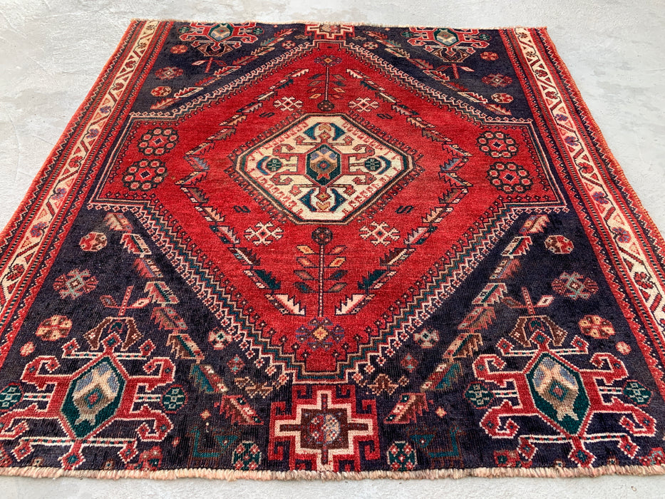 4'2" x 4'0" Hand-Knotted Persian Wool Rug – Navy & Ivory Tribal Geometric Medallion Design – KBHM-796