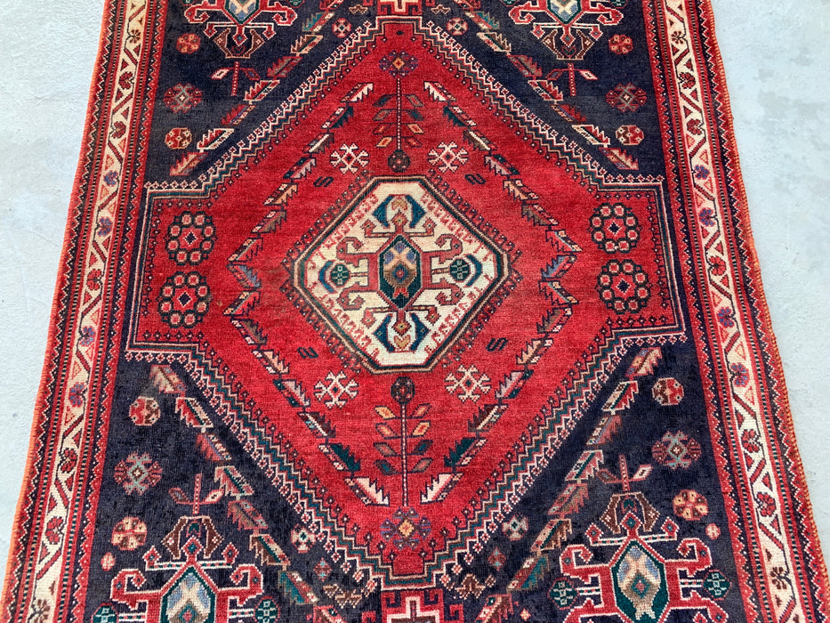 4'2" x 4'0" Hand-Knotted Persian Wool Rug – Navy & Ivory Tribal Geometric Medallion Design – KBHM-796