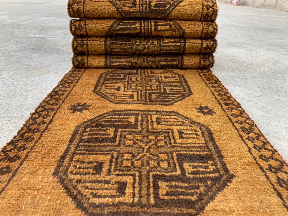 7'8" x 1'6" Hand-Knotted Persian Wool Runner Rug – Gold & Brown Tribal Geometric Design – KBHM-797