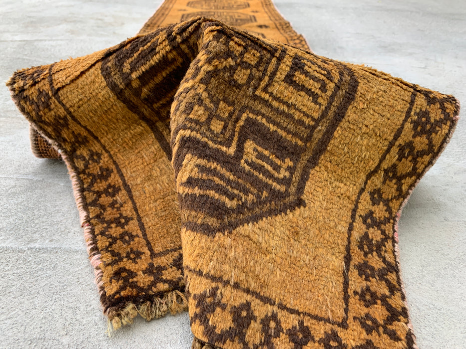 7'8" x 1'6" Hand-Knotted Persian Wool Runner Rug – Gold & Brown Tribal Geometric Design – KBHM-797