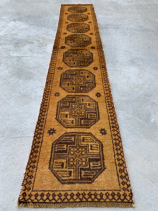 7'8" x 1'6" Hand-Knotted Persian Wool Runner Rug – Gold & Brown Tribal Geometric Design – KBHM-797