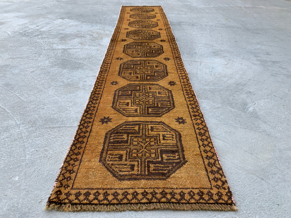 7'8" x 1'6" Hand-Knotted Persian Wool Runner Rug – Gold & Brown Tribal Geometric Design – KBHM-797