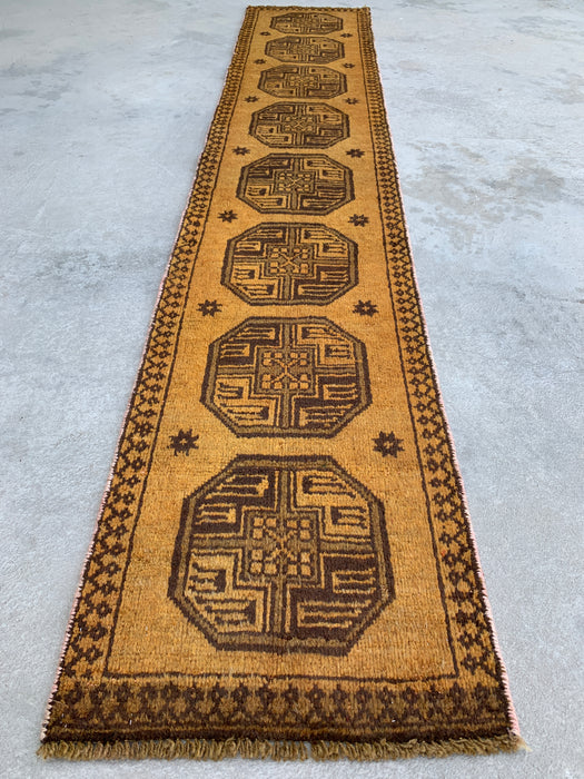 7'8" x 1'6" Hand-Knotted Persian Wool Runner Rug – Gold & Brown Tribal Geometric Design – KBHM-797