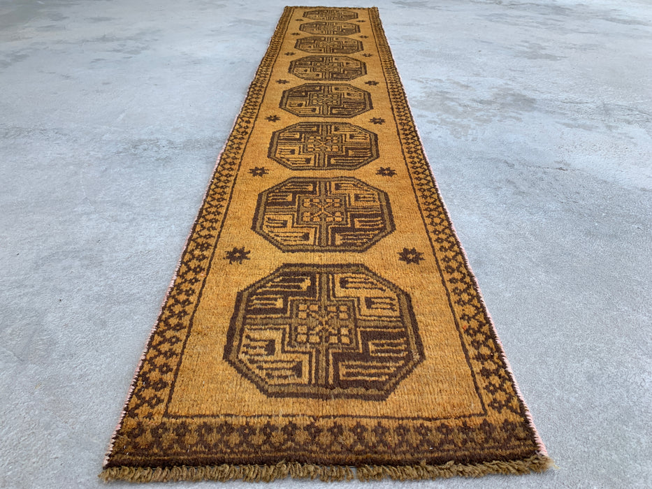 7'8" x 1'6" Hand-Knotted Persian Wool Runner Rug – Gold & Brown Tribal Geometric Design – KBHM-797