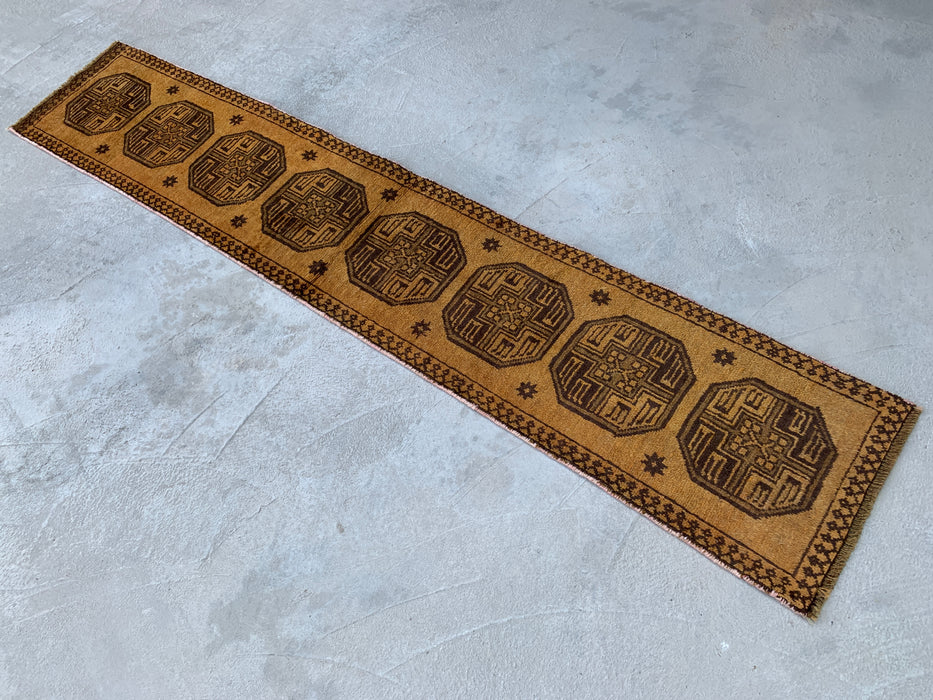 7'8" x 1'6" Hand-Knotted Persian Wool Runner Rug – Gold & Brown Tribal Geometric Design – KBHM-797