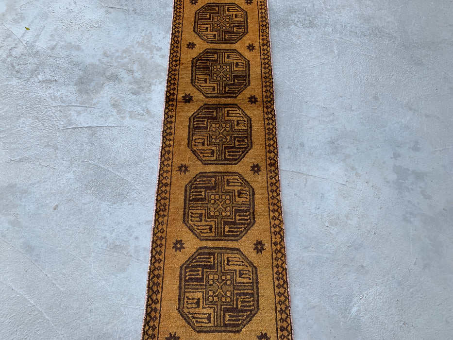 7'8" x 1'6" Hand-Knotted Persian Wool Runner Rug – Gold & Brown Tribal Geometric Design – KBHM-797