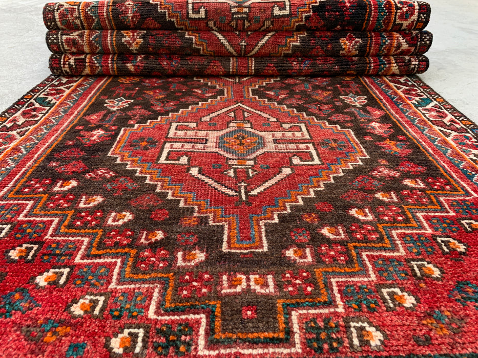 10'11" x 2'11" Hand-Knotted Persian Wool Runner Rug – Red, Brown & Ivory Tribal Medallion Design – KBHM-799