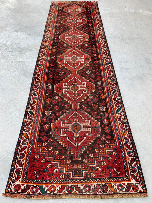 10'11" x 2'11" Hand-Knotted Persian Wool Runner Rug – Red, Brown & Ivory Tribal Medallion Design – KBHM-799