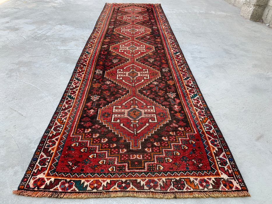 10'11" x 2'11" Hand-Knotted Persian Wool Runner Rug – Red, Brown & Ivory Tribal Medallion Design – KBHM-799