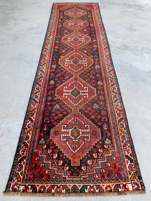 10'11" x 2'11" Hand-Knotted Persian Wool Runner Rug – Red, Brown & Ivory Tribal Medallion Design – KBHM-799